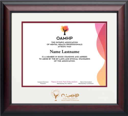 Wood frame with satin mahogany finish, double mat board & embossed logo. (OAMHP-120910-1315-PBW/MAR)